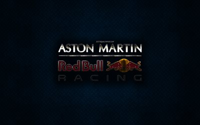 red bull racing formula one team, red bull racing, formel 1-team, metall-logo, blau metall-hintergrund, kreative kunst -, f1-logos, red bull