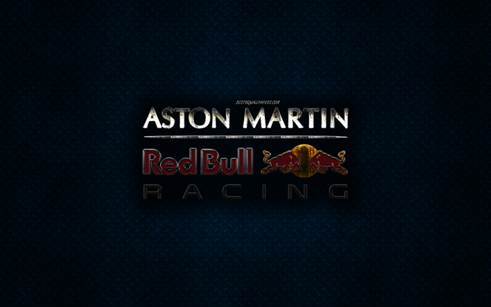 Red Bull Racing Formula One Team, Red Bull Racing, Formula 1 team, metal logo, blue metal background, creative art, F1, logos, Red Bull
