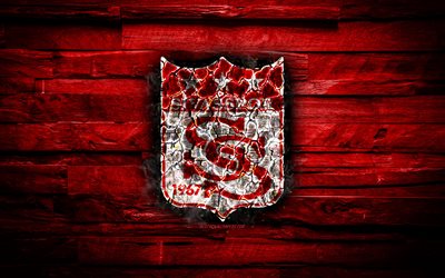 Sivasspor FC, burning logo, Super Lig, red wooden background, turkish football club, grunge, football, soccer, Sivasspor logo, fire texture, Sivas, Turkey
