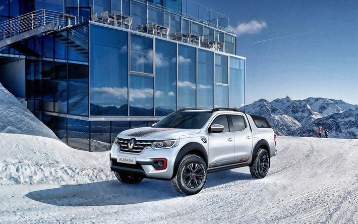 Renault Alaskan, talvi, offroad, 2019 autot, valkoinen pickup, 2019 Renault Alaskan ICE Show Car, ranskalaiset autot, Renault