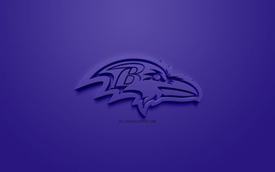 Ravens de Baltimore, American football club, cr&#233;atrice du logo 3D, fond mauve, 3d, embl&#232;me de la NFL Baltimore, Maryland, etats-unis, la Ligue Nationale de Football, art 3d, le football Am&#233;ricain, le logo 3d