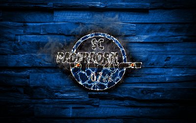 Paderborn FC, burning logo, Bundesliga 2, blue wooden background, german football club, grunge, SC Paderborn 07, football, soccer, Paderborn logo, fire texture, Germany