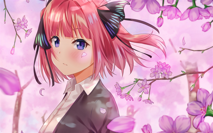 Nino Nakano, spring, The Quintessential Quintuplets, pink flowers, 5Toubun no Hanayome, Nakano Nino, girl with pink hair, manga