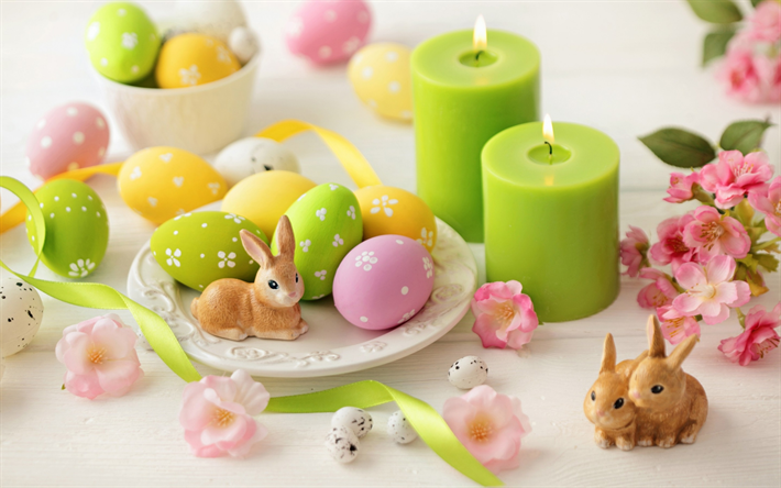 Painted Easter eggs, green candles, easter, spring, easter background, rabbits