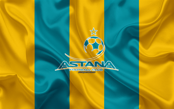 El FC Astana, 4k, el kazajo club de f&#250;tbol, amarillo, azul, bandera, bandera de seda, Kazajst&#225;n de la Premier League, Astana, Kazajst&#225;n, f&#250;tbol
