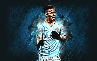 Gabriel Jesus, Brazilian soccer player, striker, Manchester City FC, portrait, creative art, Permier League, England, blue stone background, young soccer players