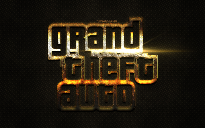 GTA logo, golden glitter logo, golden emblem, Grand Theft Auto, popular games, metal background, creative art, GTA
