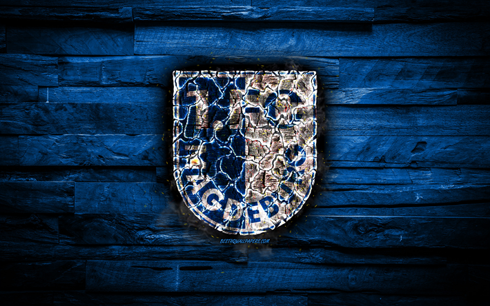 Magdeburg FC, burning logo, Bundesliga 2, blue wooden background, german football club, grunge, FC Magdeburg, football, soccer, Magdeburg logo, fire texture, Germany