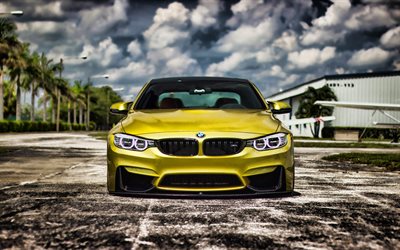 4k, BMW M4, front view, HDR, tuning, F82, 2019 cars, bmw f82, Golden BMW M4, golden M4, german cars, BMW