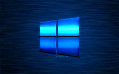 10 Windows, Mavi metalik logo, yaratıcı sanat, metalik arka plan, metalik mavi amblemi