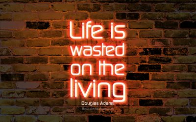 Life is wasted on the living, 4k, orange brick wall, Douglas Adams Quotes, popular quotes, neon text, inspiration, Douglas Adams, quotes about life