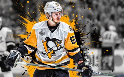 Jake Guentzel, Pittsburgh Penguins, Americano, giocatore di hockey, attaccante, NHL, USA, hockey, giallo-nero, schizzi di vernice, arte creativa