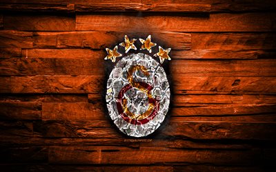 Galatasaray FC, yanan logo, S&#252;per Lig, turuncu ahşap arka plan, Hollandalı Futbol Kul&#252;b&#252;, Galatasaray SK, grunge, futbol, Galatasaray logo, yangın, doku, İstanbul, T&#252;rkiye