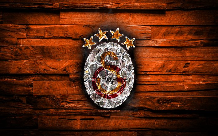 Galatasaray FC, burning logo, Super Lig, orange wooden background, Dutch football club, Galatasaray SK, grunge, football, soccer, Galatasaray logo, fire texture, Istanbul, Turkey