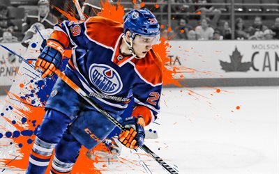 Leon Draisaitl, Engrasadores de Edmonton, alem&#225;n, jugador de hockey, el delantero, NHL, estados UNIDOS, creativo, arte, azul, naranja gotas de pintura, hockey