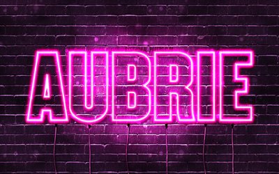 Aubrie, 4k, خلفيات أسماء, أسماء الإناث, Aubrie اسم, الأرجواني أضواء النيون, نص أفقي, صورة مع Aubrie اسم