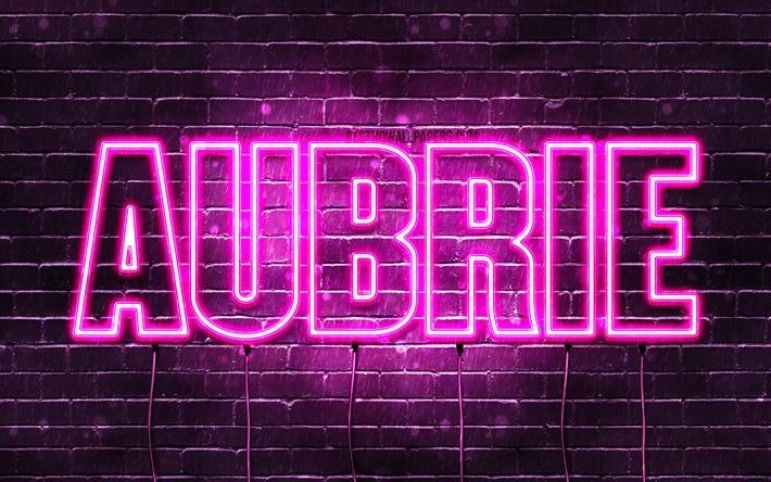 Aubrie, 4k, taustakuvia nimet, naisten nimi&#228;, Aubrie nimi, violetti neon valot, vaakasuuntainen teksti, kuva Aubrie nimi