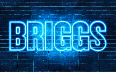 Briggs, 4k, pap&#233;is de parede com os nomes de, texto horizontal, Briggs nome, luzes de neon azuis, imagem com Briggs nome