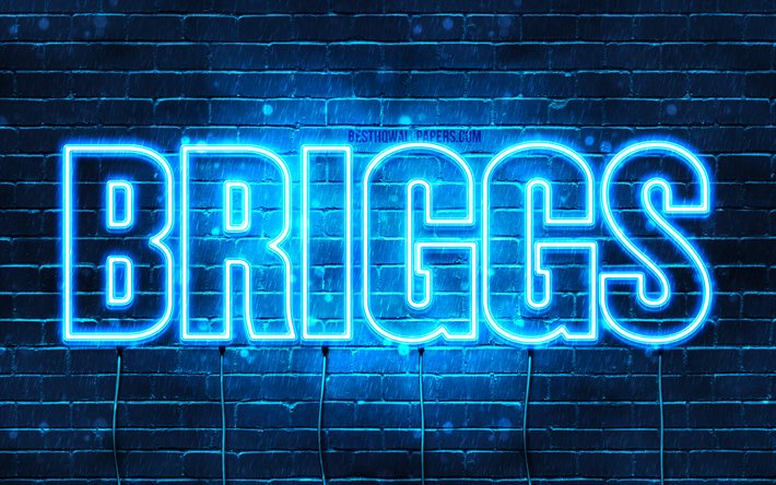 Briggs, 4k, pap&#233;is de parede com os nomes de, texto horizontal, Briggs nome, luzes de neon azuis, imagem com Briggs nome