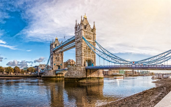 Tower Bridge, London, suspension bridge, Themsen, morgon, soluppg&#229;ng, Landmark London, F&#246;renade Kungariket, England, London staden