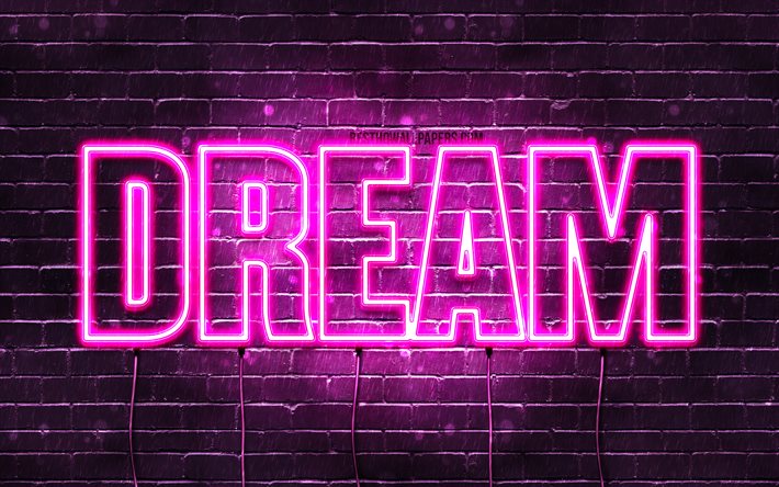 Dream, 4k, wallpapers with names, female names, Dream name, purple neon lights, horizontal text, picture with Dream name