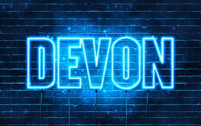 Devon, 4k, fondos de pantalla con los nombres, el texto horizontal, Devon nombre, luces azules de ne&#243;n, imagen con Devon nombre