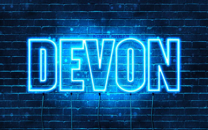 Devon, 4k, sfondi per il desktop con i nomi, il testo orizzontale, Devon nome, neon blu, immagine con nome Devon