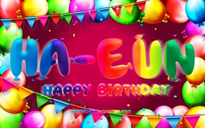 お誕生日おめでHa-eun, 4k, カラフルバルーンフレーム, Ha-eun名, 紫色の背景, Ha-eunお誕生日おめで, Ha-eun誕生日, 人気の韓国の女性の名前, 誕生日プ, Ha-eun