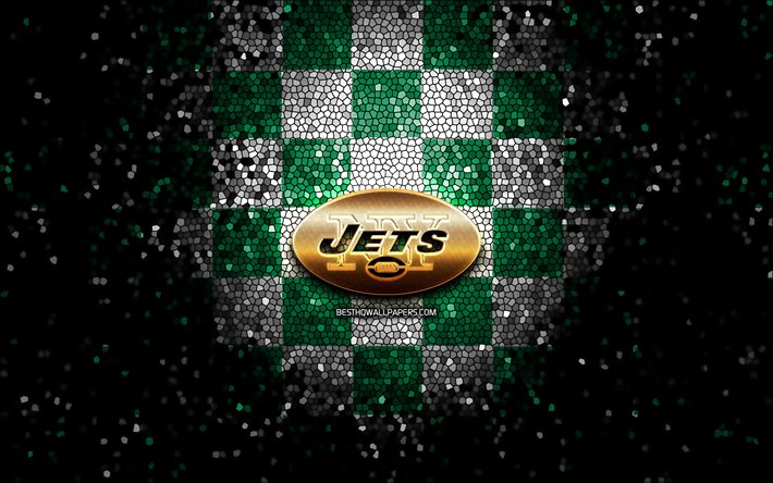 New York Jets, glitter-logo, NFL, vihre&#228; valkoinen ruudullinen tausta, USA, amerikkalainen jalkapallo joukkue, New York Jets-logo, mosaiikki taidetta, amerikkalainen jalkapallo, Amerikassa, NY Jets