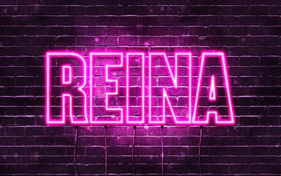 Reina, 4k, adları Reina adıyla, Bayan isimleri, Reina adı, mor neon ışıkları, yatay metin, resim ile duvar kağıtları