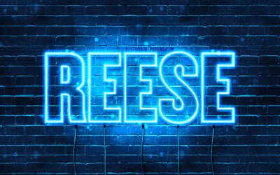 Reese, 4k, pap&#233;is de parede com os nomes de, texto horizontal, Reese nome, luzes de neon azuis, imagem com Reese nome