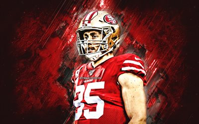 George Kittle, San Francisco 49ers, NFL, American football, National Football League, portrait, red stone background, USA