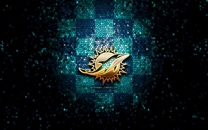 Miami Dolphins, glitter logotipo, NFL, xadrez azul de fundo, EUA, time de futebol americano, Miami logotipo Golfinhos, arte em mosaico, futebol americano, Am&#233;rica
