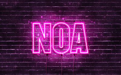 Noa, 4k, fondos de pantalla con los nombres, los nombres femeninos, Noa nombre, p&#250;rpura luces de ne&#243;n, el texto horizontal, imagen con el nombre de Noa