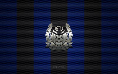 Gamba Osaka logo, Japanese football club, metal emblem, black and blue metal mesh background, Gamba Osaka, J1 League, Osaka, Japan, football, Japan Professional Football League, G-Osaka