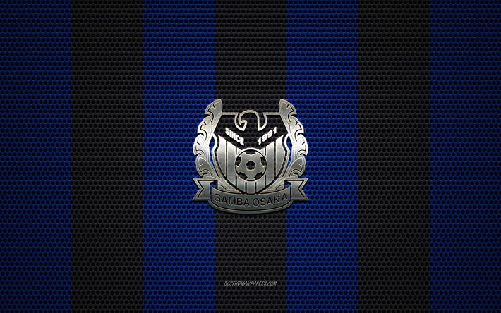 gamba osaka-logo, japanische fu&#223;ball-club, metall-emblem, schwarz und blau-metallic mesh-hintergrund, gamba osaka, j1 league, osaka, japan, fu&#223;ball, japan professional football league g-osaka