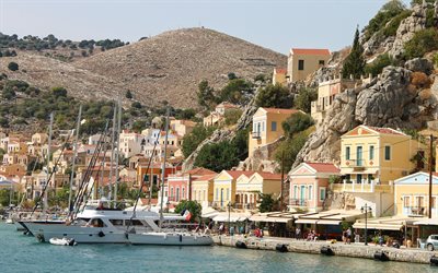 Symi Island, Greece, Simi, bay, mediterranean, white yachts, mountain landscape, summer