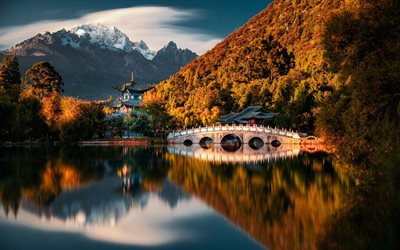 Cina, autunno, parco, montagne, natura, tramonto, Asia, cinese