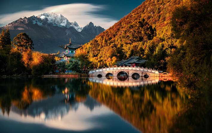 中国, 秋, パーク, 山々, 美しい自然, 夕日, アジア, 中国自然