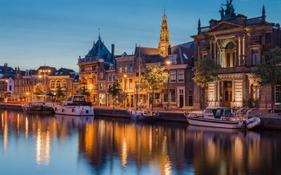 Haarlem, evening, boats, streets, Haarlem cityscape, Netherlands