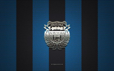 Kawasaki Frontale logo, Japanese football club, metal emblem, black and blue metal mesh background, Kawasaki Frontale, J1 League, Kawasaki, Japan, football, Japan Professional Football League