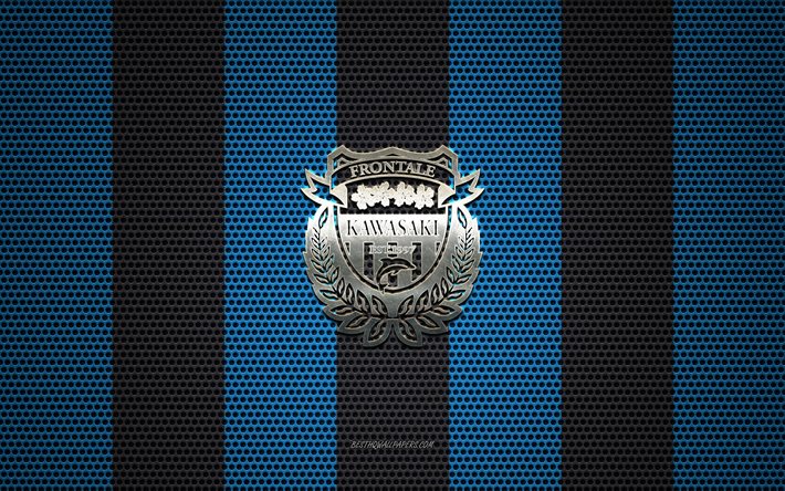 Kawasaki Frontale logo, Japon Futbol Kul&#252;b&#252;, metal amblem, siyah ve mavi metal &#246;rg&#252; arka plan, Kawasaki Frontale, J1 Lig Kawasaki, Japonya futbol, Japonya Profesyonel Futbol Ligi