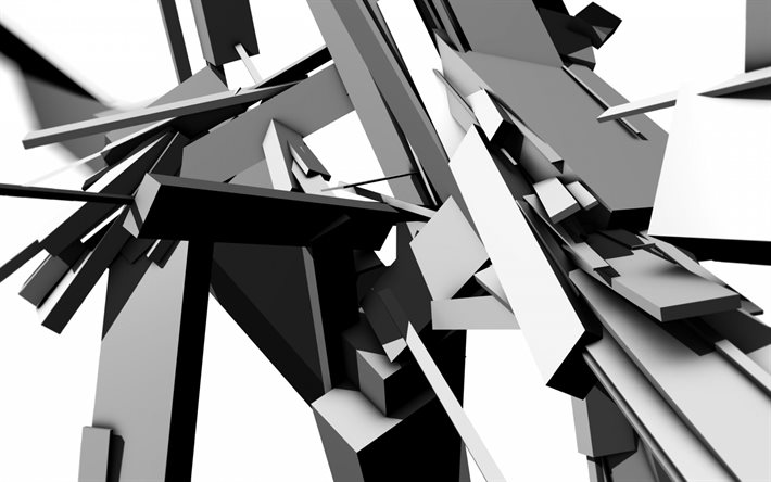 3d lines background, black and white 3d background, black and white abstraction, lines background