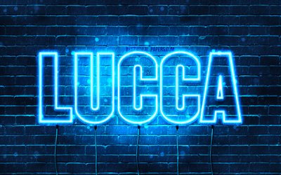 Lucca, 4k, fondos de pantalla con los nombres, el texto horizontal, Lucca nombre, luces azules de ne&#243;n, de la imagen con el nombre de Lucca
