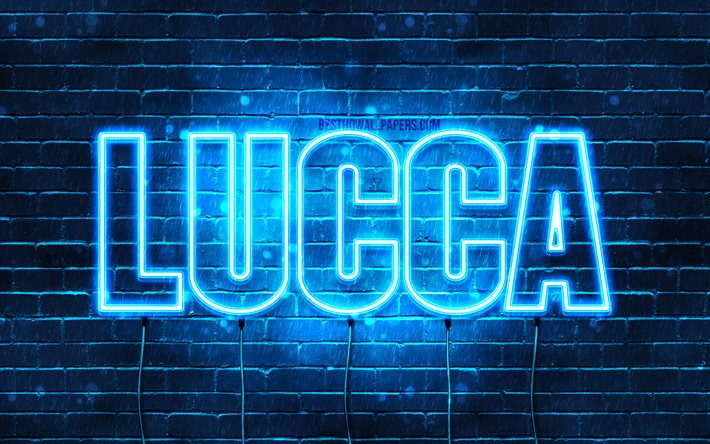 Lucca, 4k, les papiers peints avec les noms, le texte horizontal, Lucca nom, bleu n&#233;on, une photo avec le nom de Lucca