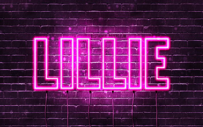 Lillie, 4k, pap&#233;is de parede com os nomes de, nomes femininos, Lillie nome, roxo luzes de neon, texto horizontal, imagem com Lillie nome