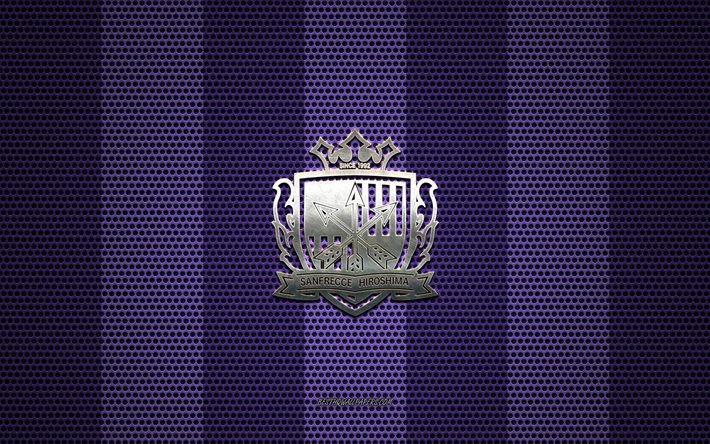 Sanfrecce Hiroshima logo, Japanese football club, metal emblem, purple metal mesh background, Sanfrecce Hiroshima, J1 League, Hiroshima, Japan, football, Japan Professional Football League