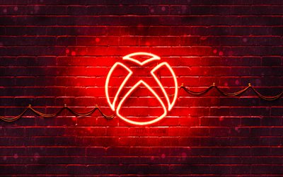 Xbox赤ロゴ, 4k, 赤brickwall, Xboxロゴ, ブランド, Xboxネオンのロゴ, Xbox