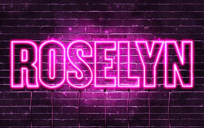 Roselyn, 4k, wallpapers with names, female names, Roselyn name, purple neon lights, horizontal text, picture with Roselyn name