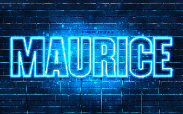 Maurice, 4k, les papiers peints avec les noms, le texte horizontal, Maurice nom, bleu n&#233;on, une photo avec le nom Maurice